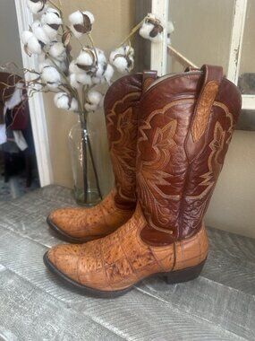 Men’s CORRAL Ostrich Quill Patchwork Western Boots Brown Leather Sz 8.5 EE
